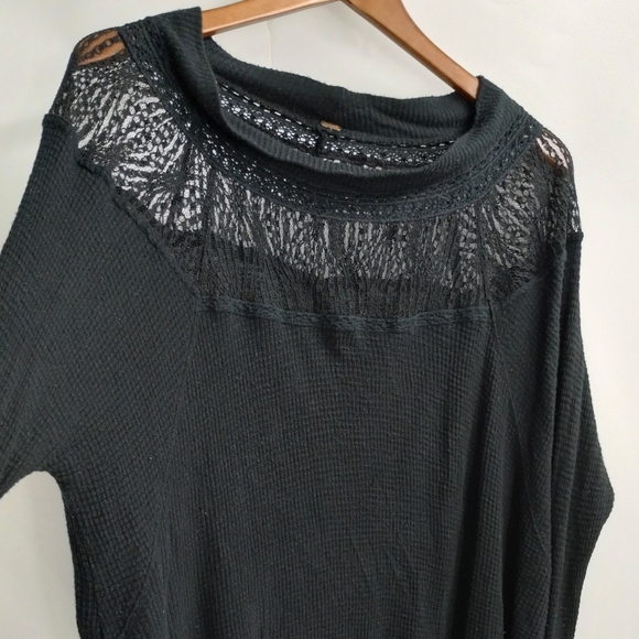 Free People Black Waffle Thermal Lace Neck Top - Picture 4 of 15
